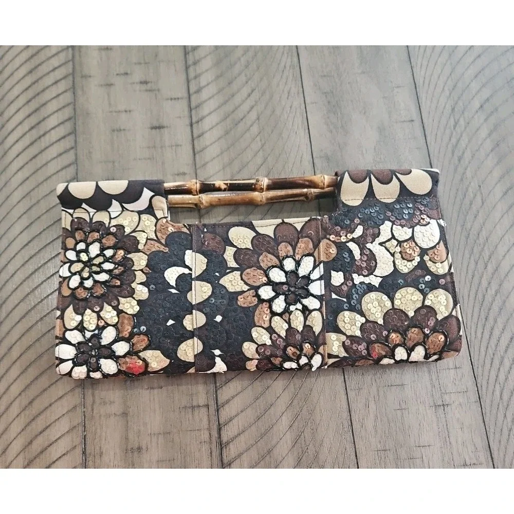 The Limited Handbag Neutral Sequin Floral Clutch Bamboo Handles Mod Chic Coastal - Picture 4 of 16